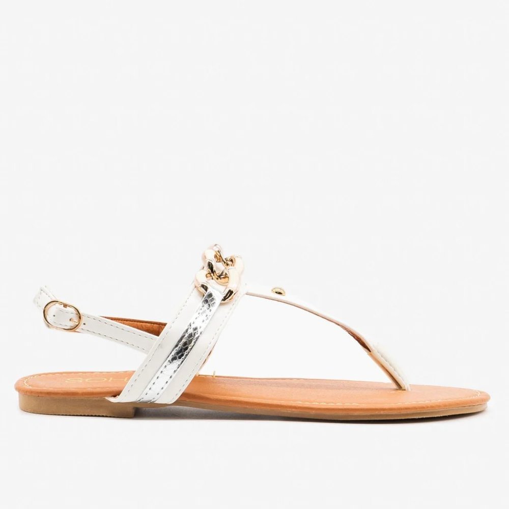 Soho Women T-Strap Elegant Chunky Chain Accent Sandals - White - Size 7.5
